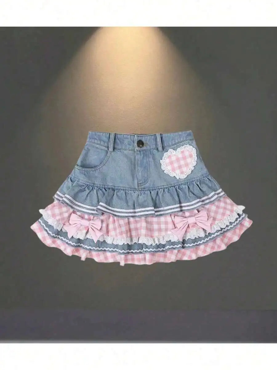 Womens Denim Pleated Skirt With Gingham Ruffles And Bow Detail