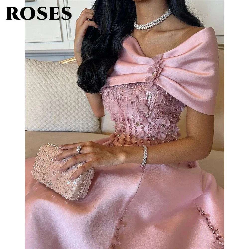 ROSES Pink Satin Evening Gown Romantic Off-Shoulder Prom Dress with Floral Embellishments and Beads for Woman 프롬 드레스 Customized