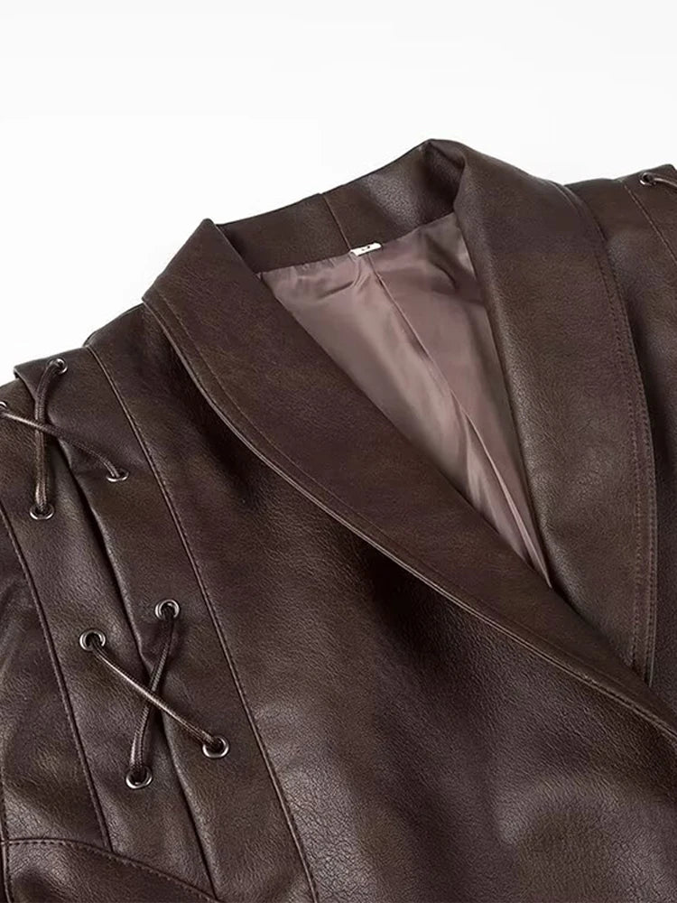 Women Leather Bomber Jackets Coats With Belt Notched Shoulder Pads Motorcycle Street Chic Short Outwear Fashion Solid Lace Up