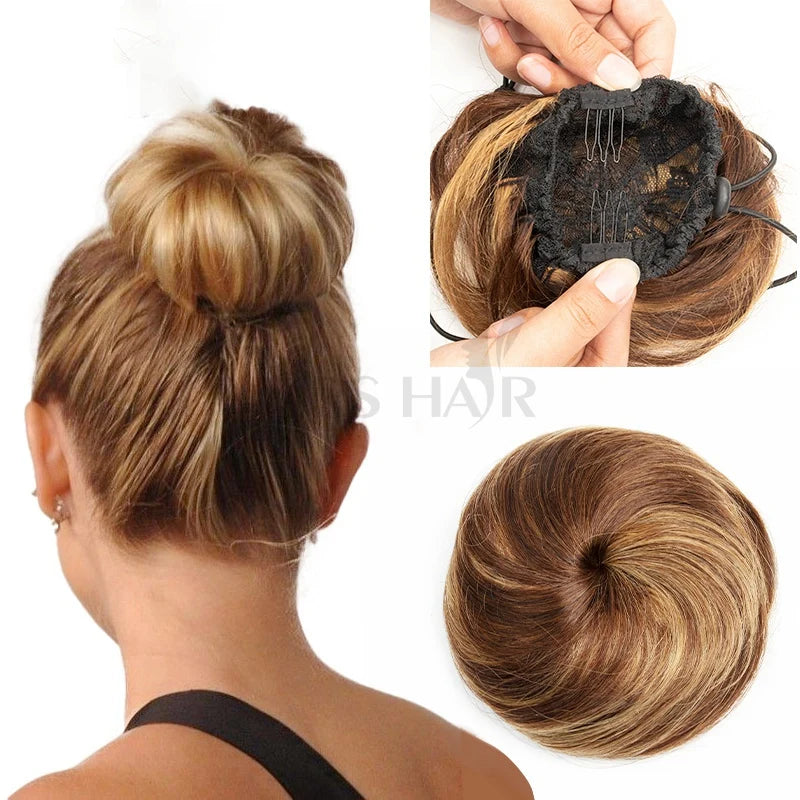 Hair Bun Human Hair Drawstring Hair Bun Wig Flexible Brown Blonde 6Inches Chignons Ponytail Hairpieces For Thinner Hair
