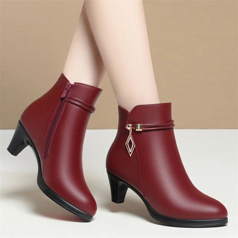 Comfort Fashion Soft Leather Winter Shoes Platform Boots 2026 Elegant Black Block High Heels Ankle Office Mom Boots