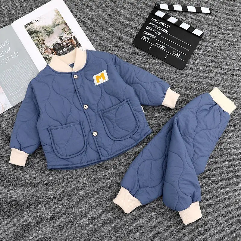 Children's Winter Padded Clothes Suit Boys Girls hooded Thickened Cotton Quilted Trousers0-5T Baby Home Service 2-Piece Set