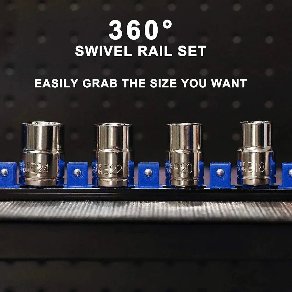 ABS Socket Organizer 360° Swivel 1/4Inch 3/8Inch 1/2Inch Premium Quality Socket Clip Rail Holder socket organizer tools Blue