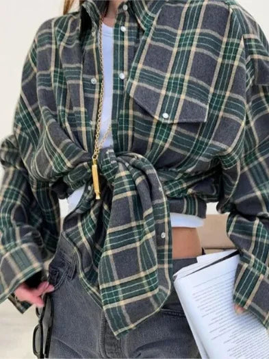 2026 Vintage Women Oversized Long Sleeve Plaid Shirt Button Down Blouse Tops Autumn Winter Loose Lapel Pocket Shirt Korean Style