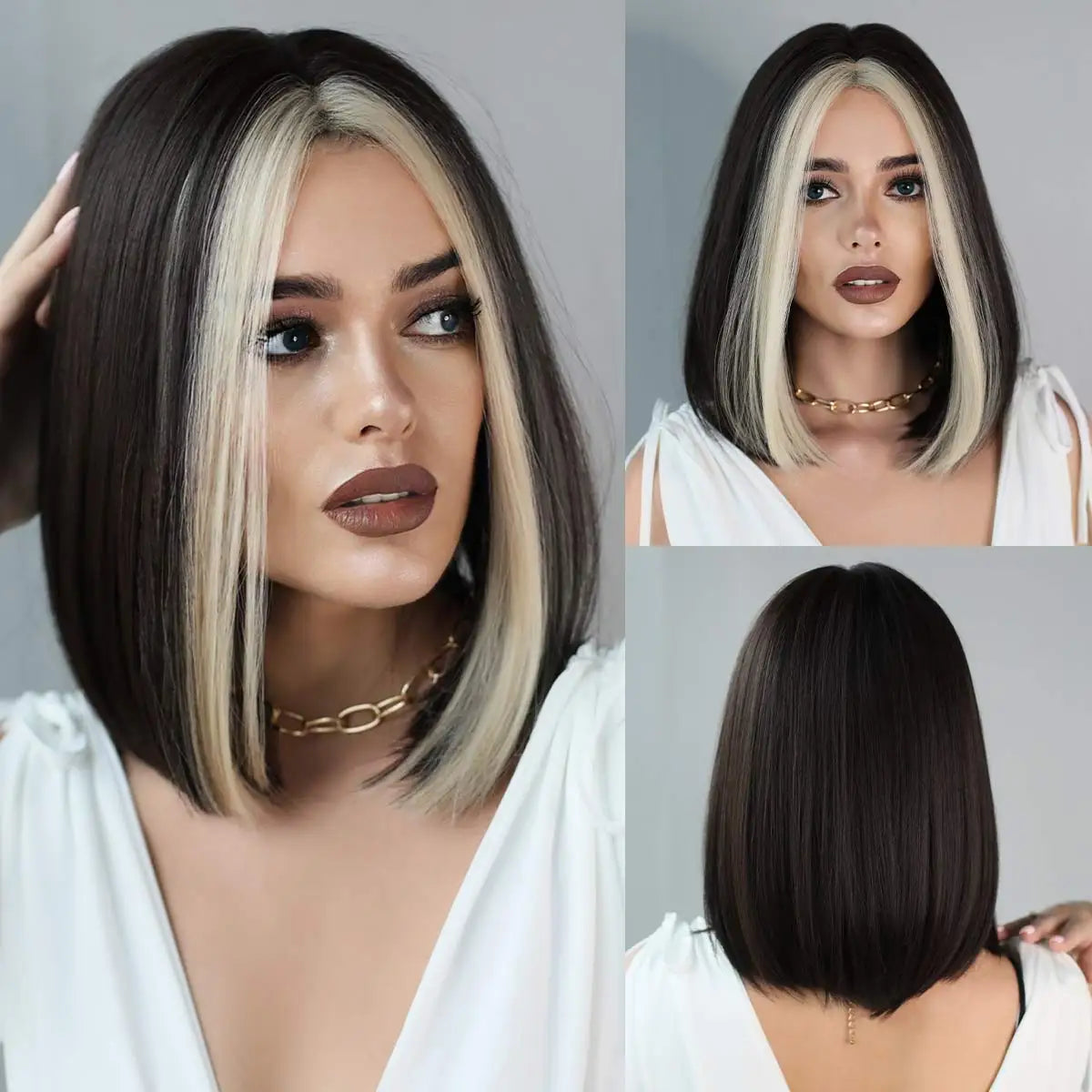 7JHH WIGS Short Bob Wig Ombre Blonde Wig for Women Daily Party Natural Synthetic Hair Wig with Bangs Heat Resistant Fiber