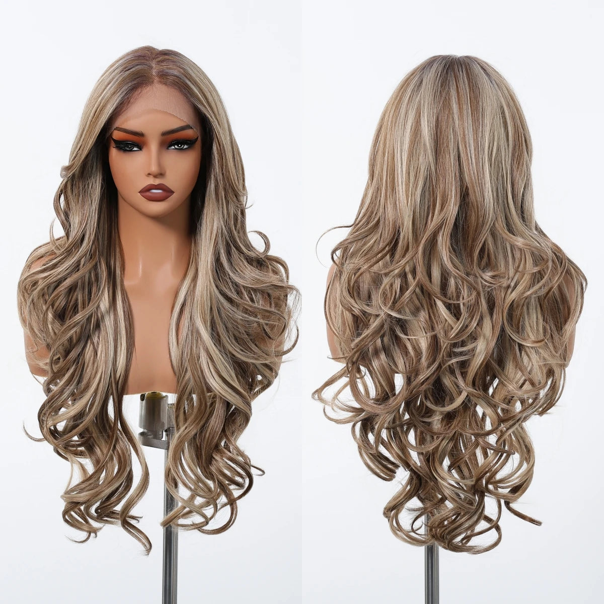 Brown Blonde Highlight Wigs 13*4 Lace Front Wig For Women Daily Party Long Layer Synthetic Hair Heat Resistant Natural Hairline