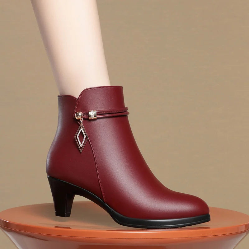 Comfort Fashion Soft Leather Winter Shoes Platform Boots 2026 Elegant Black Block High Heels Ankle Office Mom Boots