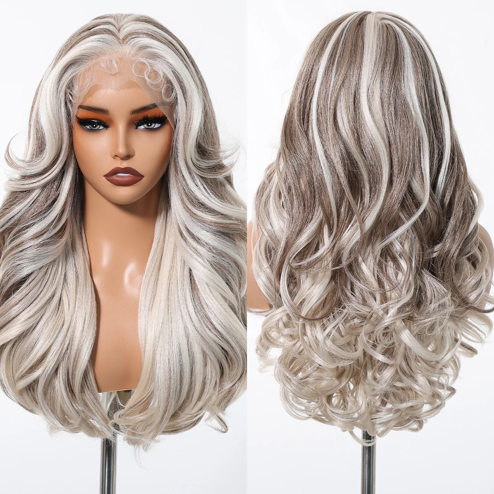 Gray White Highlight Synthetic Wigs 13*6 Transparent Swiss Lace Frontal Wigs Body Wave Long Curly Wigs for Women Elder Mommy Wig