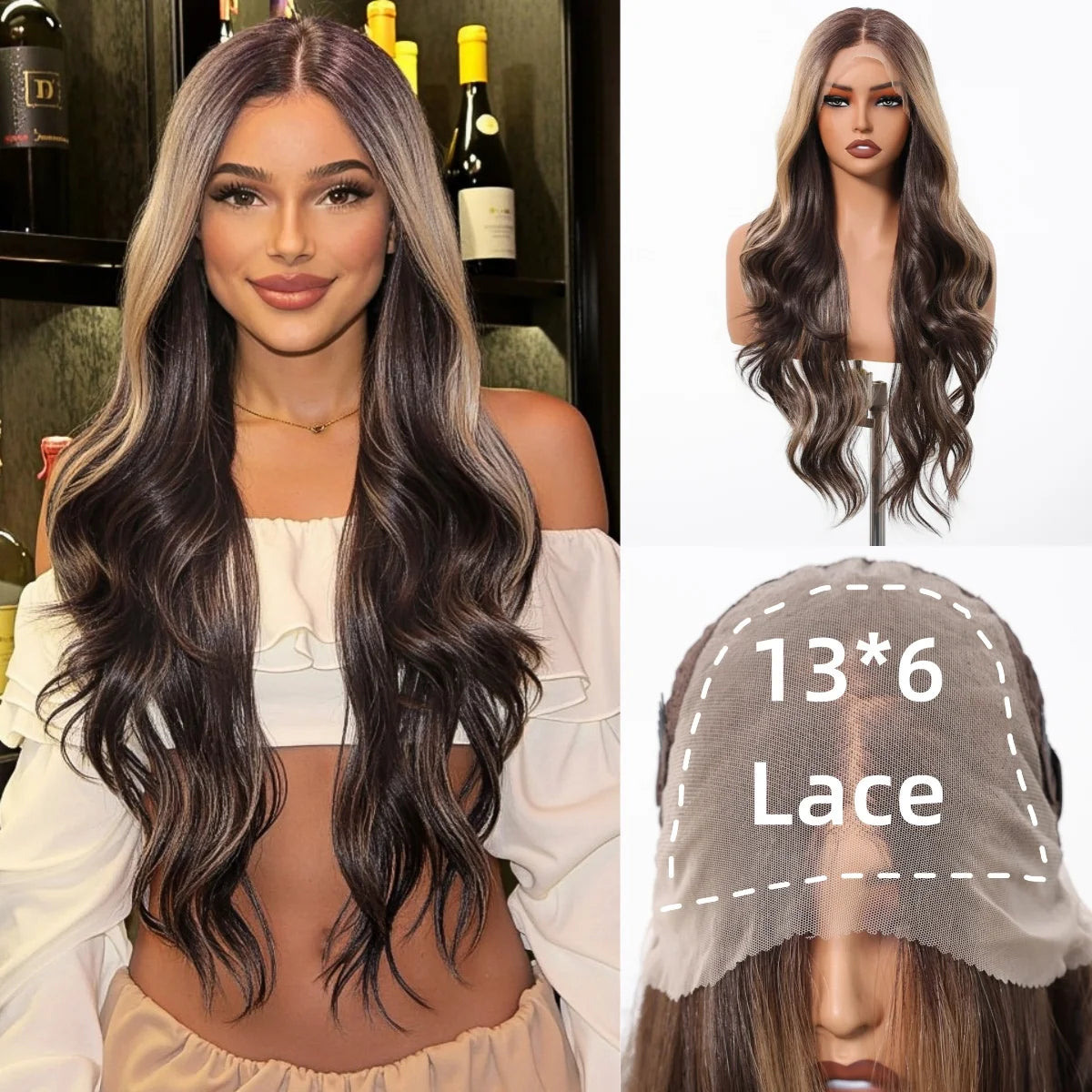 HENRY MARGU Brown Blonde Highlight Synthetic Wigs 13*6 Lace Front Long Wavy Fake Hair for Women Realistic Natural Wig Daily Use