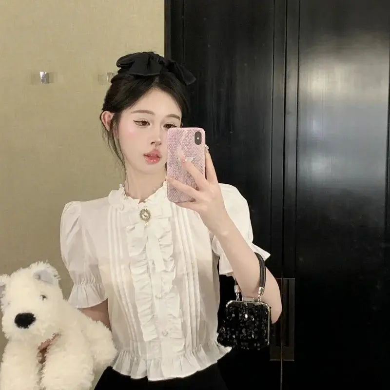 Puff Sleeve Shirts Women White Ruffles Elegant Summer Vintage Office Lady Aesthetic Mature Sweet Minority Sexy Clothing Daily