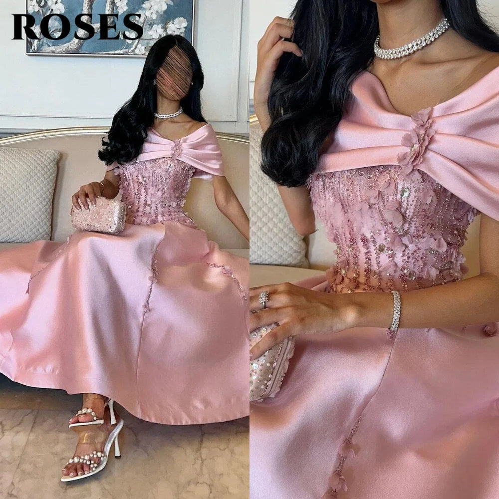 ROSES Pink Satin Evening Gown Romantic Off-Shoulder Prom Dress with Floral Embellishments and Beads for Woman 프롬 드레스 Customized