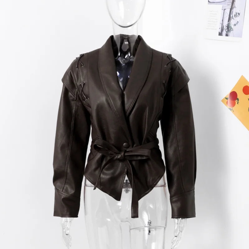 Women Leather Bomber Jackets Coats With Belt Notched Shoulder Pads Motorcycle Street Chic Short Outwear Fashion Solid Lace Up