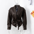 Women Leather Bomber Jackets Coats With Belt Notched Shoulder Pads Motorcycle Street Chic Short Outwear Fashion Solid Lace Up