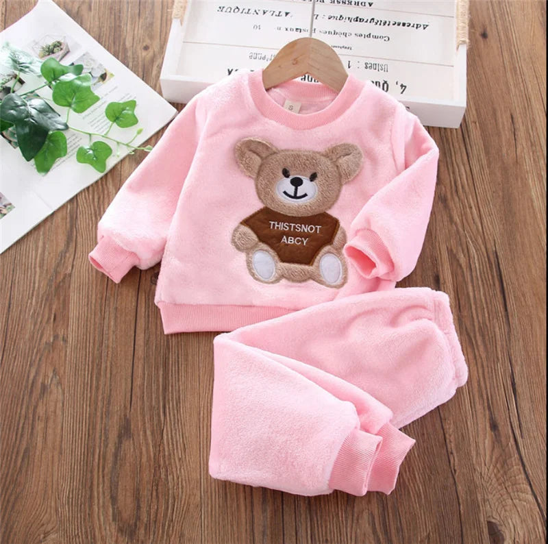 Children Warm Clothing Sets Winter Plus Velvet Thick 3Pcs Outfits Cartoon Bear Baby Boys Girls Sport Tracksuit Suits 1-4 Years