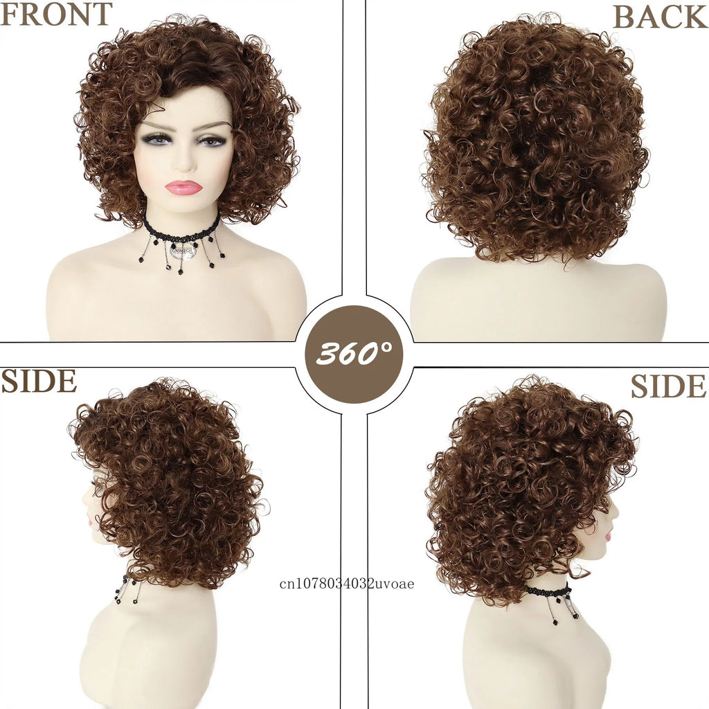 Synthetic Afro Curly Short Wigs for Women Dark Brown Wig with Bangs Sandy Grease Wig Ombre Wigs Halloween Costume Wig Cosplay