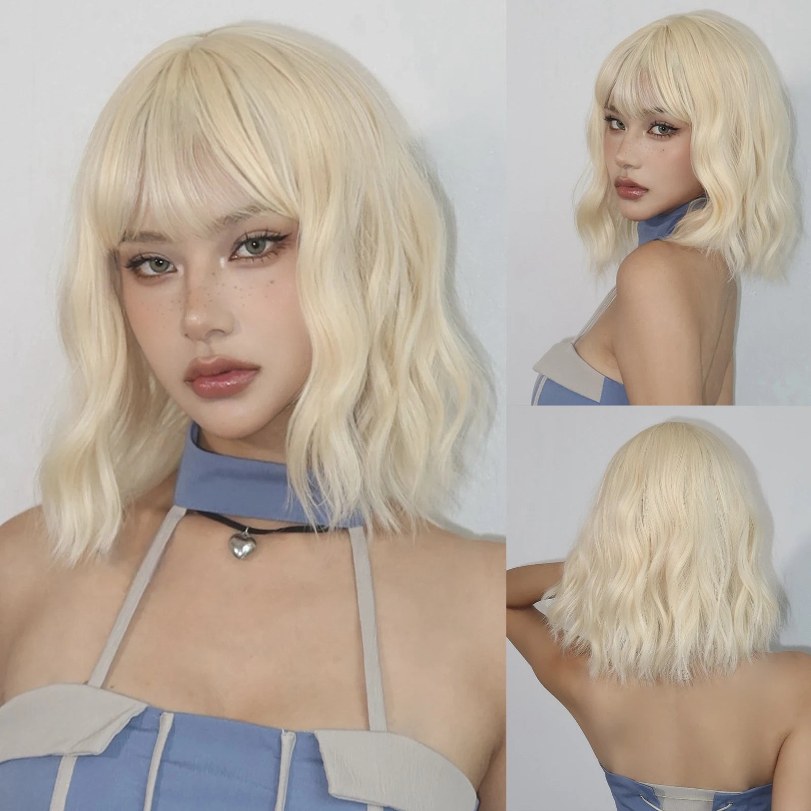 ELEMENT 16 Inch Ombre Golden Blonde Loose Curly Hair Wig with Bangs Lolita Cosplay Party Daily Wigs for Women