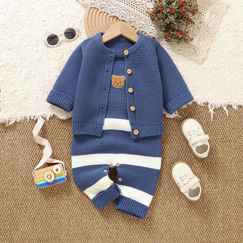 Winter Baby Clothes Sets Blue Long Sleeve Knitted Newborn Boy Sweaters Jackets+Rompers Outfits 0-18m Infant Outwear Costume