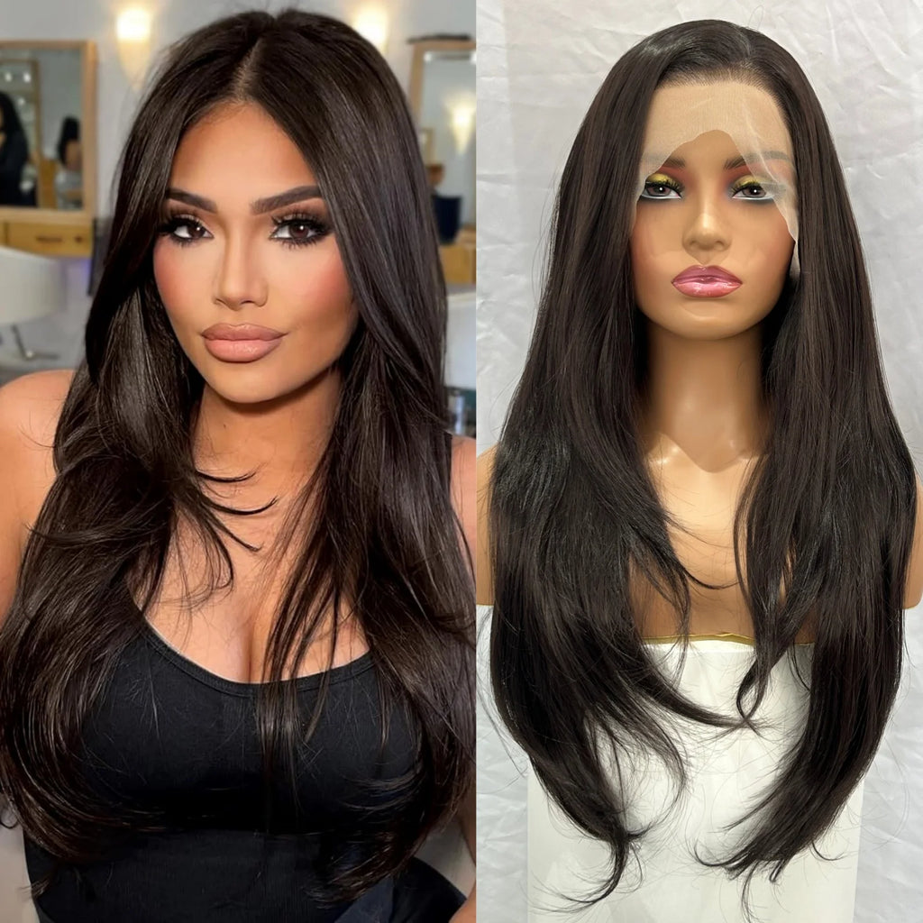 Dark Brown Long Layered Wavy Wigs for Women Free Part Natural Black Curly Synthetic 13X4 Lace Frontal Brunette Wig Daily Party