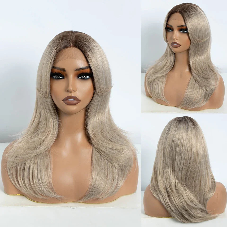 FREEDOM Straight Synthetic Lace Front Wigs For Black Women Ombre Blonde Brown Lace Wig 20 Inch Wig With Bangs Cosplay Lace Wig