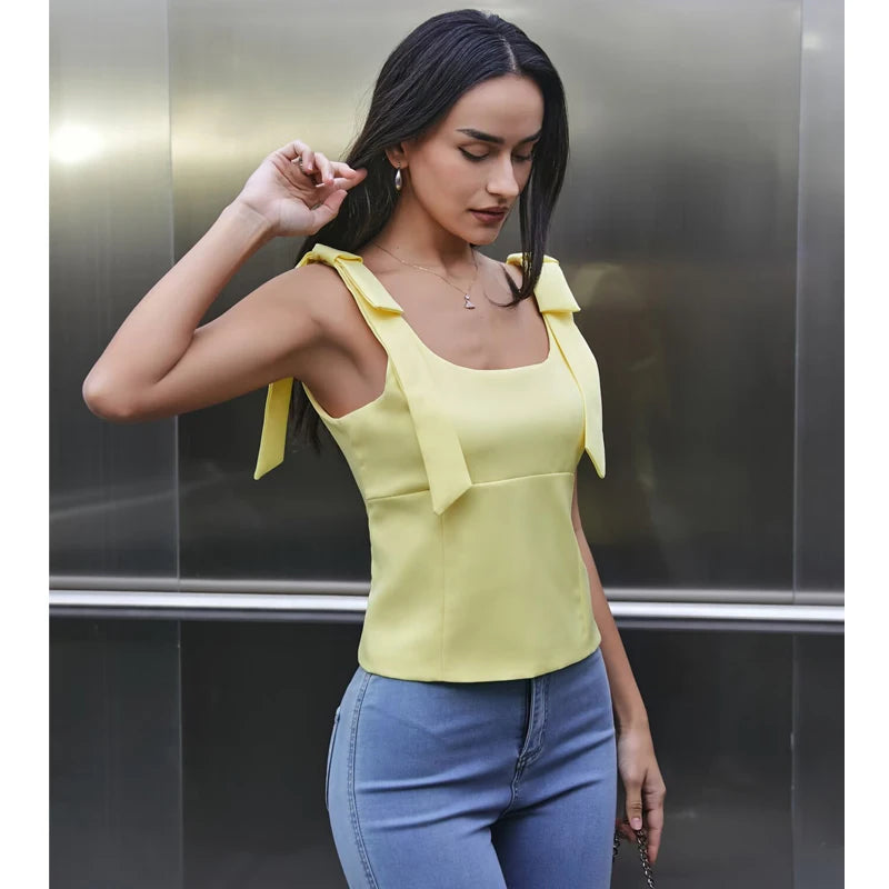 MUJER White Bow Crop Top Woman Sexy Backless Bustier Tops for Women Summer Camisole Sleeveless Tops Women Strap Short Tops Woman