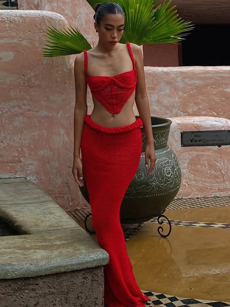 Knitted Bra Corset Skirts Sets Women Twist Hollow Out Strap Backless Crop Top Split Skirt Suits Female 2 Pieces Vacation Seaside