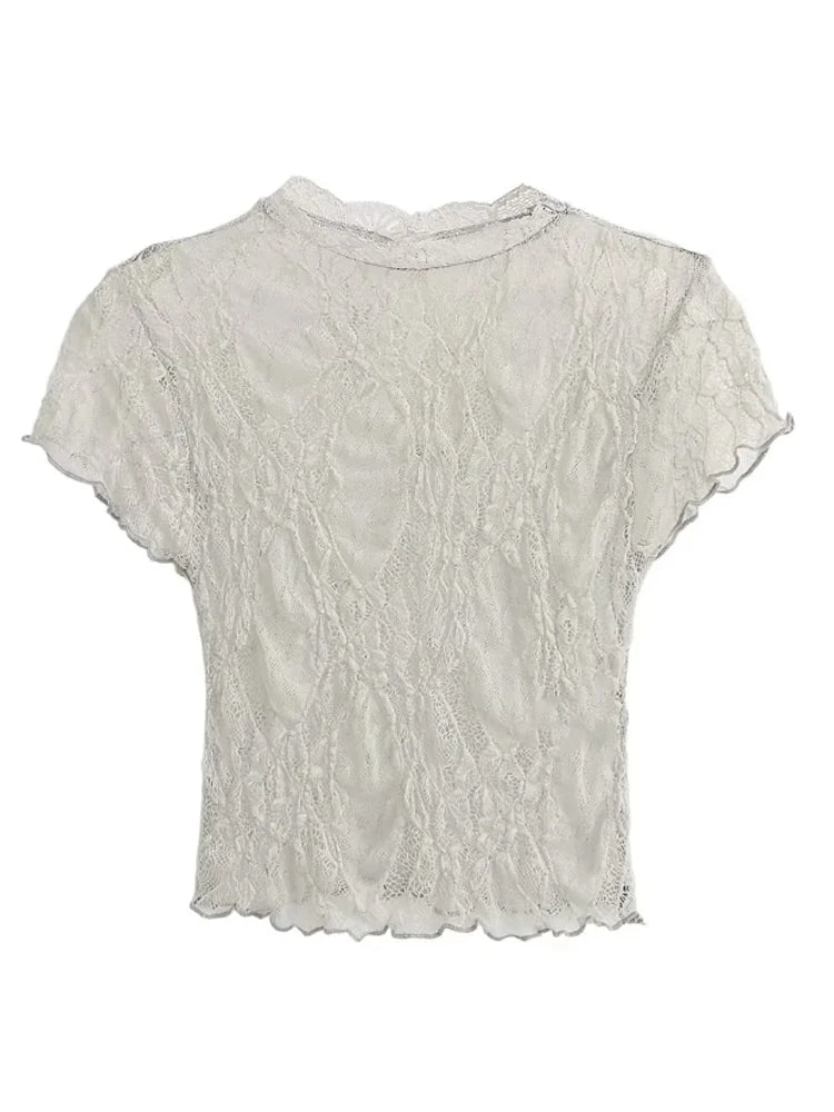 Chic Black Lace See Through Top Lady Fashion Half-high Collar Full Sleeve Cropped Blouse 2026 Spring Women Party Street Outwear