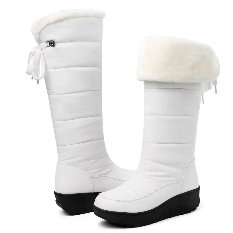 Waterproof Winter Shoes Woman Snow Boots 2026 Warm Fur Plush Casual Wedge Knee High Boots Girls Black White Rain Shoes Ladies