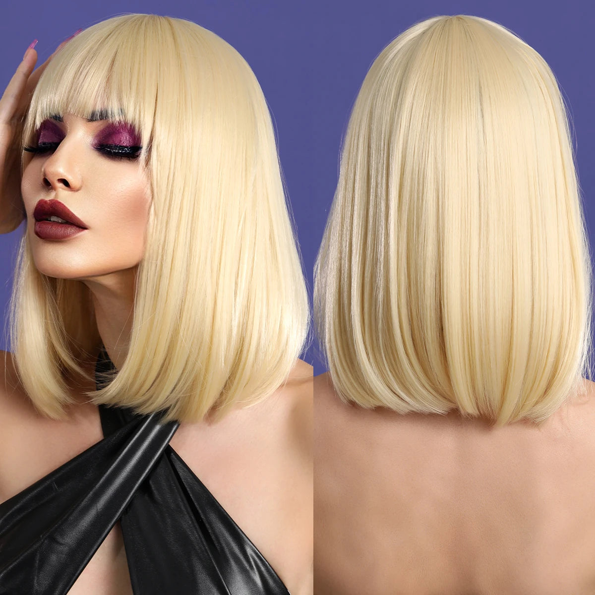 7JHH WIGS Short Bob Wig Ombre Blonde Wig for Women Daily Party Natural Synthetic Hair Wig with Bangs Heat Resistant Fiber