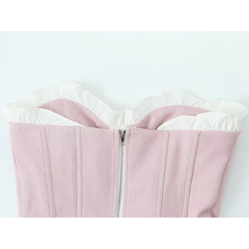 YENKYE Sexy Women Sweet Patchwork Fish Bone Slim Fit Strapless Top Chic Party Summer Crop Top