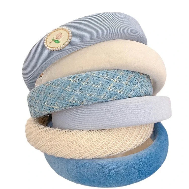 New Korean Style Sponge Headband for Women Elegant Gold Label Blue Wide Brimmed Hair Band Fashion Girl Face Wash Hair Hoop