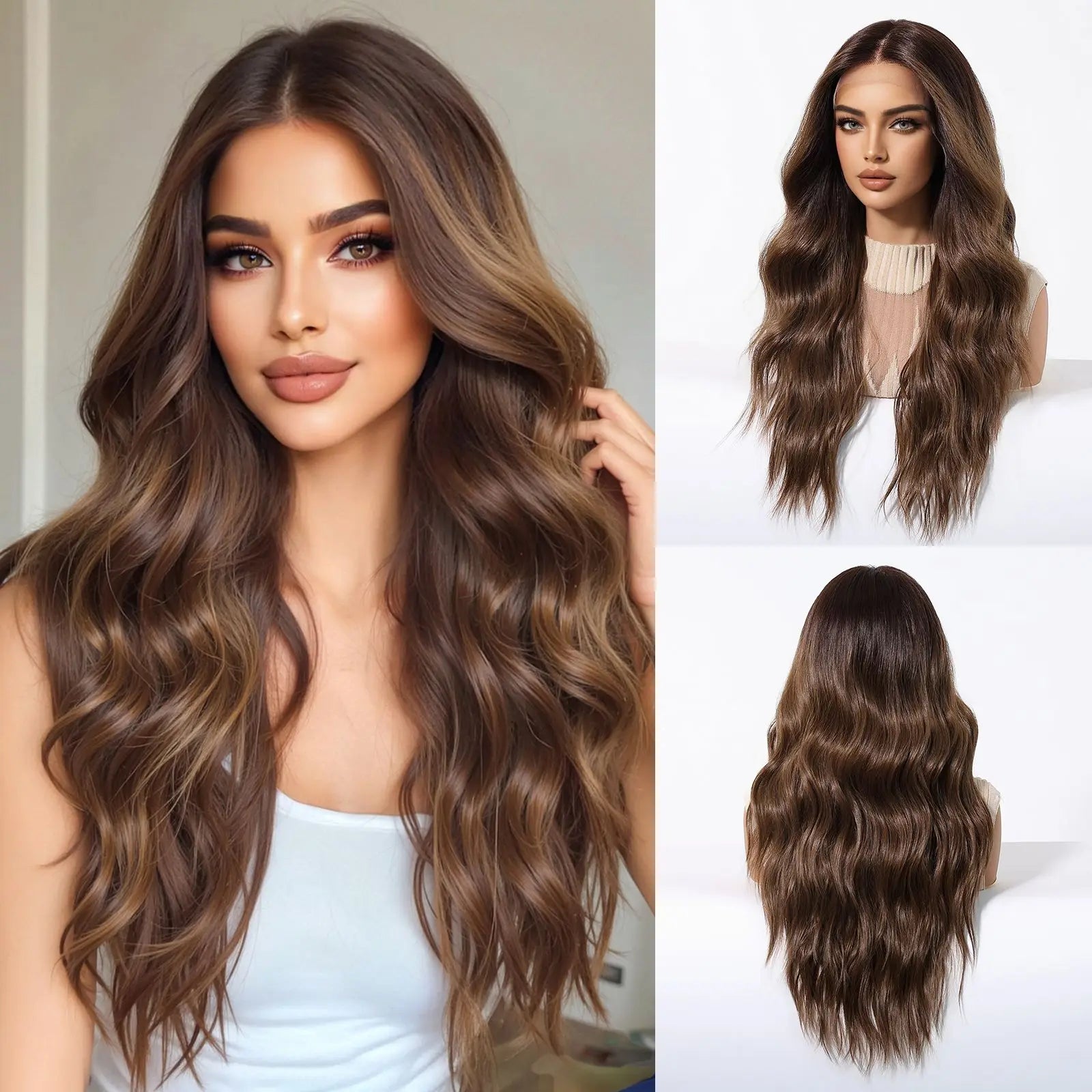 HENRY MARGU Brown Blonde Highlight Synthetic Wigs 13*6 Lace Front Long Wavy Fake Hair for Women Realistic Natural Wig Daily Use