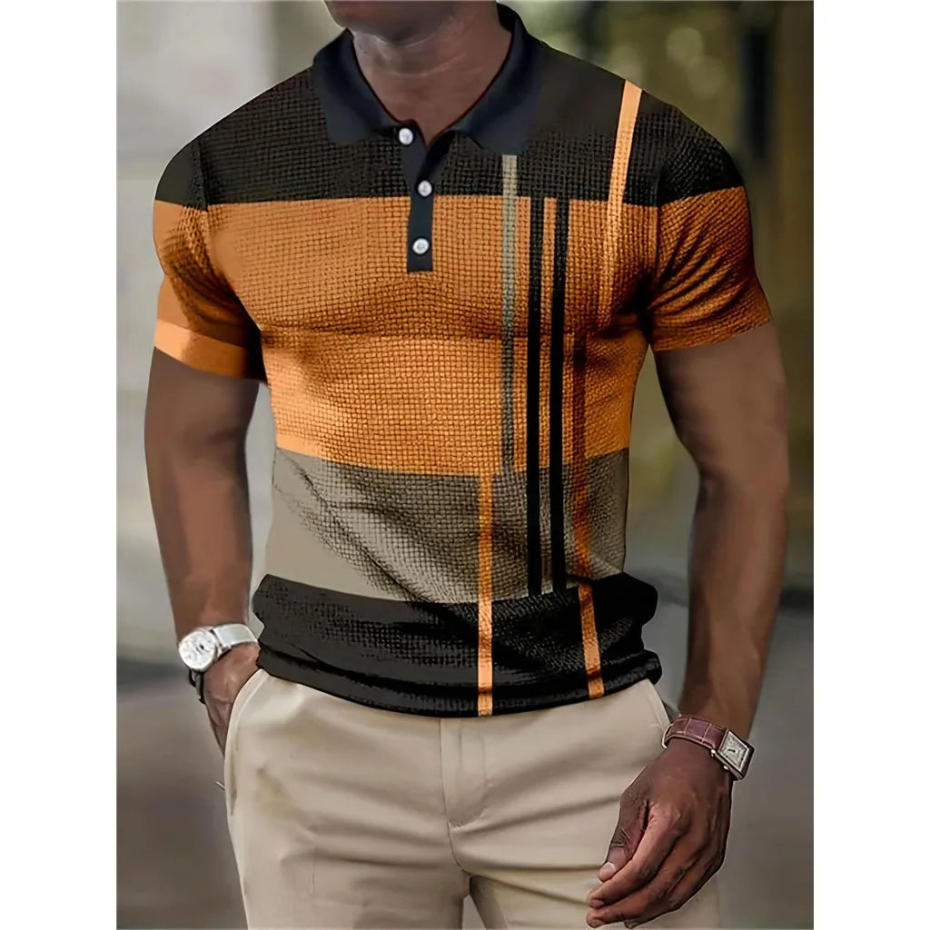 Summer Color Block Striped 3D Print Polo Shirts Men's Fashion Streetwear Button Lapel Short Sleeve Shirt Tees Tops Man Clothing