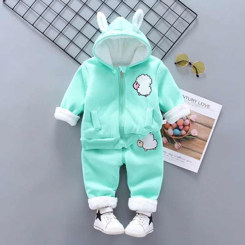 Children's Winter Padded Clothes Suit Boys Girls hooded Thickened Cotton Quilted Trousers0-5T Baby Home Service 2-Piece Set