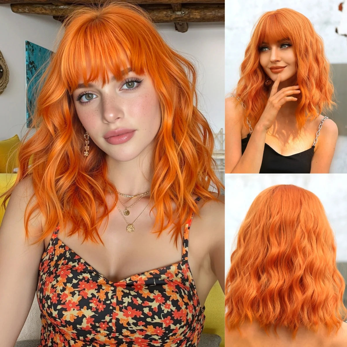 ELEMENT 16 Inch Ombre Golden Blonde Loose Curly Hair Wig with Bangs Lolita Cosplay Party Daily Wigs for Women