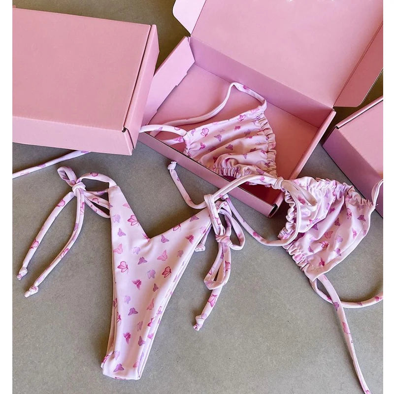 BIQIUYYI Brazilian Sexy Micro Mini Thong Bikini Set Summer Bandage Swimsuit Women Pleated Bathing Suit Beachwear Halter Biqiuni