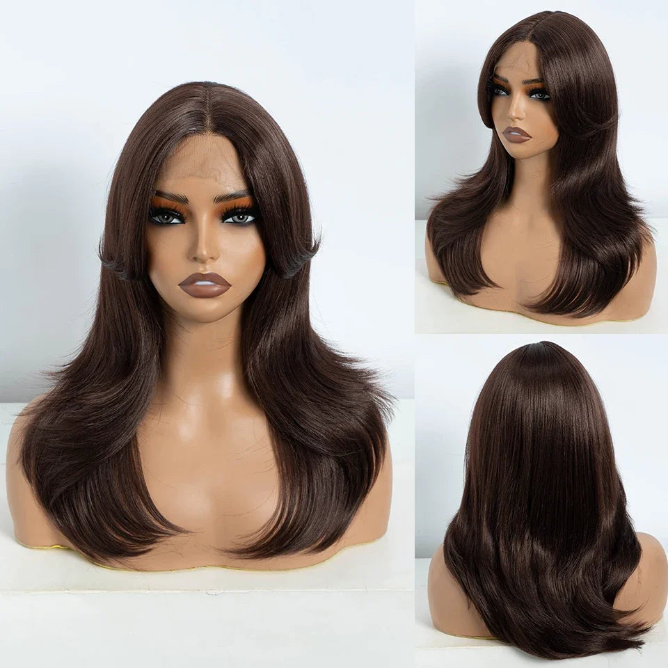 FREEDOM Straight Synthetic Lace Front Wigs For Black Women Ombre Blonde Brown Lace Wig 20 Inch Wig With Bangs Cosplay Lace Wig