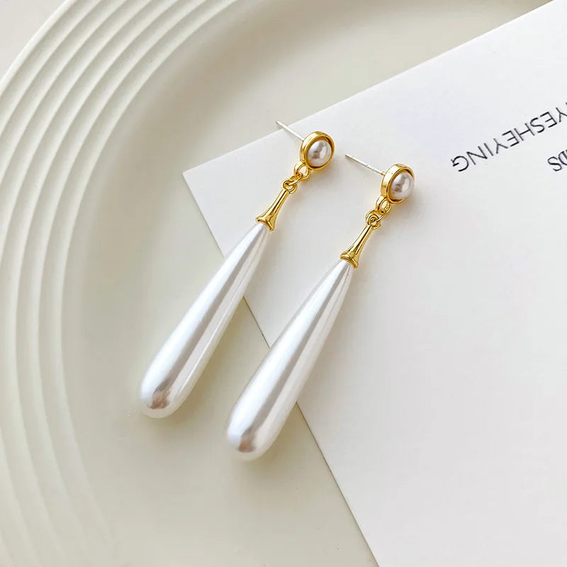 New Long Water Droplet Dangle Earrings for Women Wedding Party Elegant Imitation Pearl Drop Earrings Trendy Retro Jewelry Gift