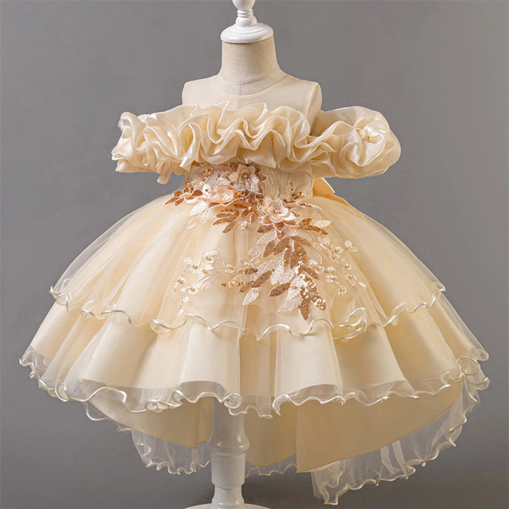 Fashion Pink Flower Girl Party Dresses Wedding Birthday Tulle Princess Dress for Kids Graduation Pageant Bridesmaid Kids Costume