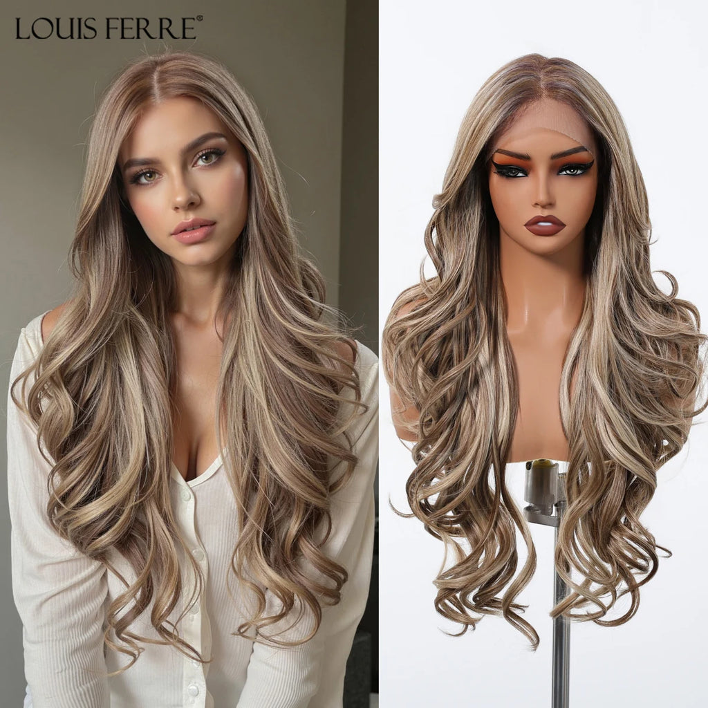 Brown Blonde Highlight Wigs 13*4 Lace Front Wig For Women Daily Party Long Layer Synthetic Hair Heat Resistant Natural Hairline