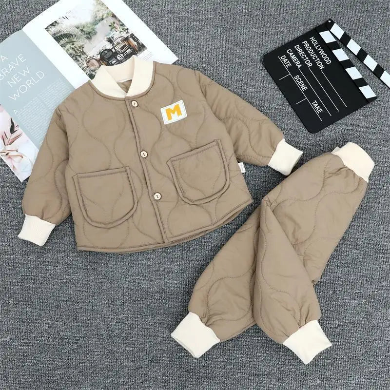 Children's Winter Padded Clothes Suit Boys Girls hooded Thickened Cotton Quilted Trousers0-5T Baby Home Service 2-Piece Set