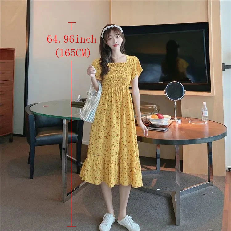 2026 New Spring Summer Dress Women Mini Dresses Female Short Sleeve Elastic Bust Printed Floral Pleated Backless Casual Dress