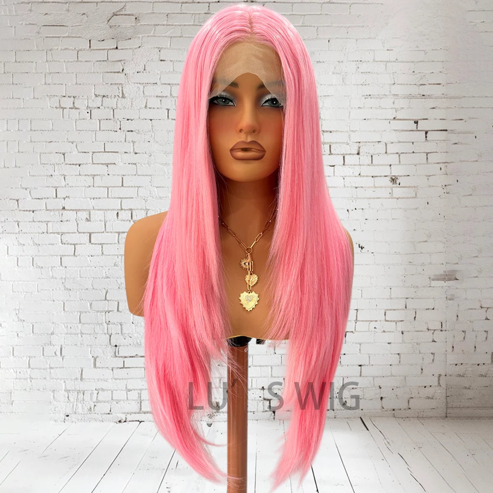 Pink Wig Long Layered Wig Synthetic Hair Long Natural Straight Layered Lace Wigs for Women Synthetic Frontal Lace Wig Daily Wear