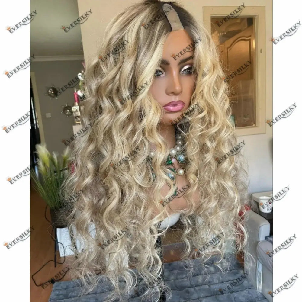 Glueless U Part Wig Human Hair Dirty Blonde Highligths Balayage Roots Curly Wig V Part Wig 100% Virgin Human Hair Wig for Women