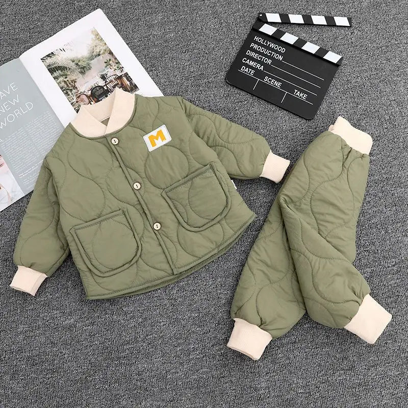 Children's Winter Padded Clothes Suit Boys Girls hooded Thickened Cotton Quilted Trousers0-5T Baby Home Service 2-Piece Set