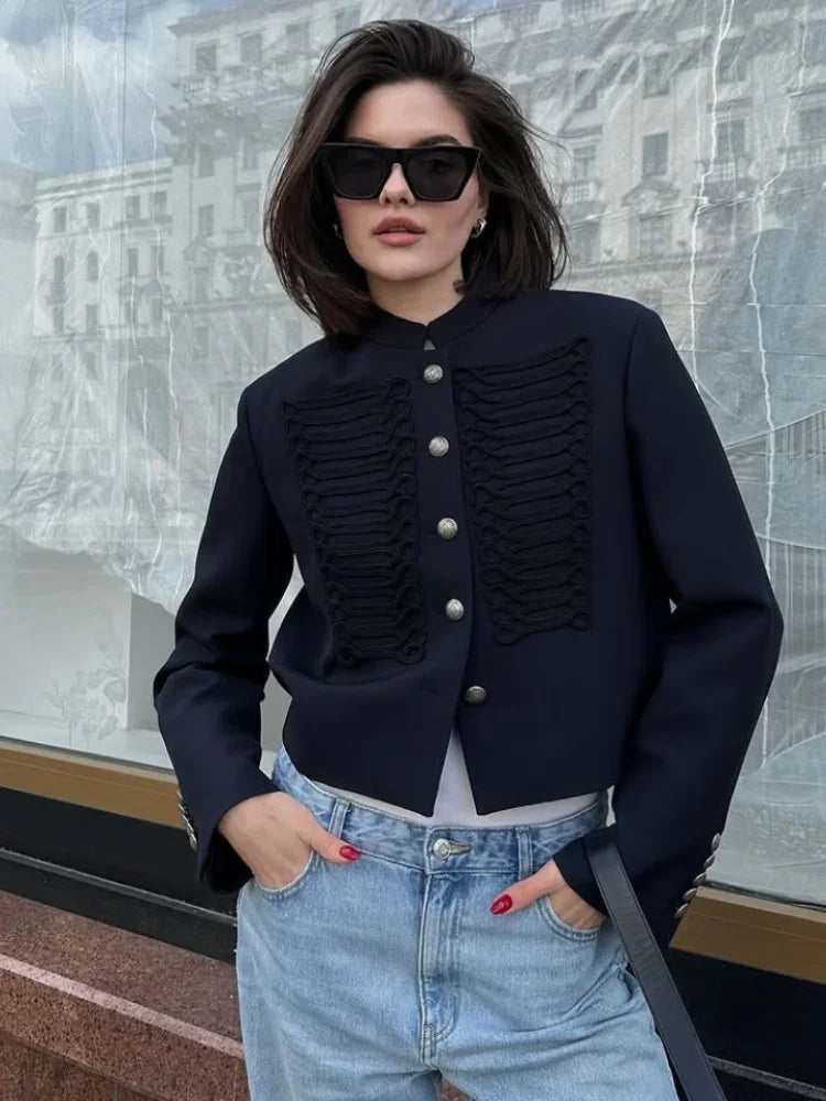 Women Chic Denim Military Jacket Casual Solid Stand Collar Single Breasted Napoleon Jackets 2026 New Lady Daily Street Outerwear