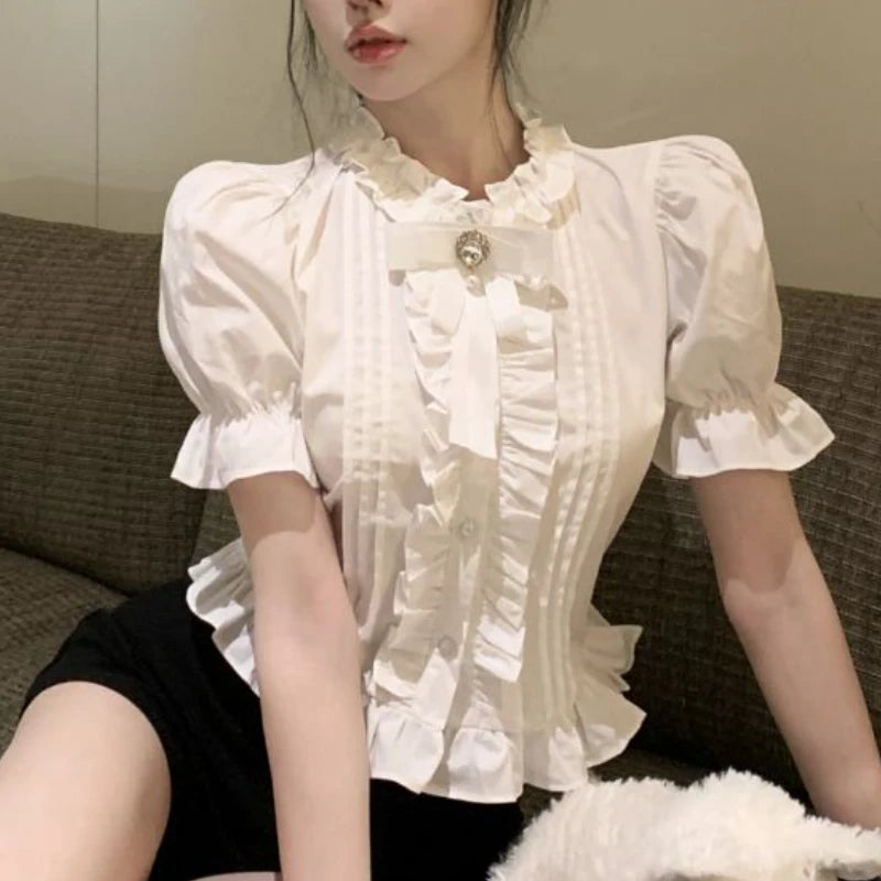 Puff Sleeve Shirts Women White Ruffles Elegant Summer Vintage Office Lady Aesthetic Mature Sweet Minority Sexy Clothing Daily