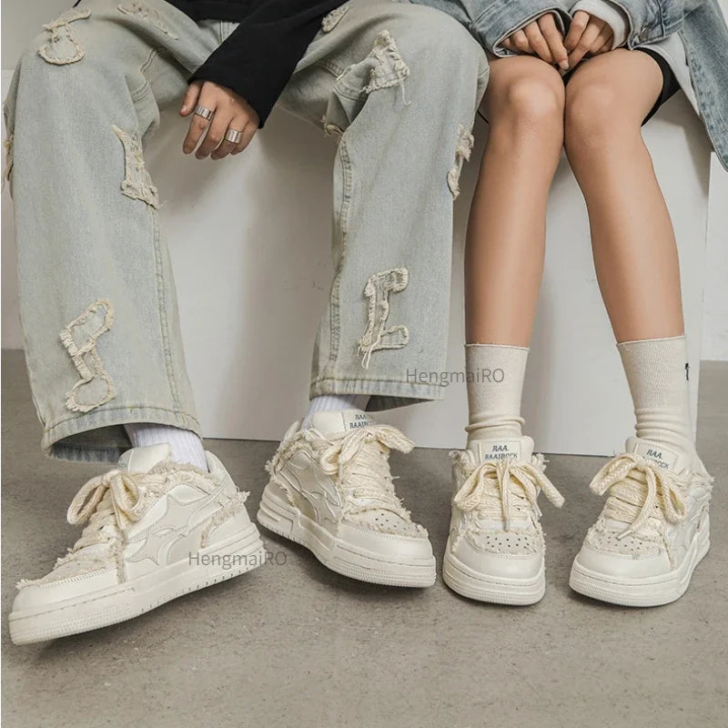 Women Sneakers Man Retro Star Y2K White Leatther Punk Rap Street Shoes for Male Fashion Skate Shoes Couple Casual Shoes Tennis