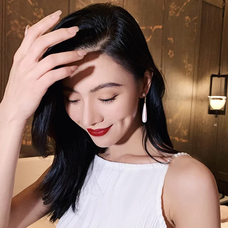French Elegant Temperament Imitation Pearl Drop Shaped Long Earrings Party Premium Accessories for Womens Fashion Luxury Jewelry