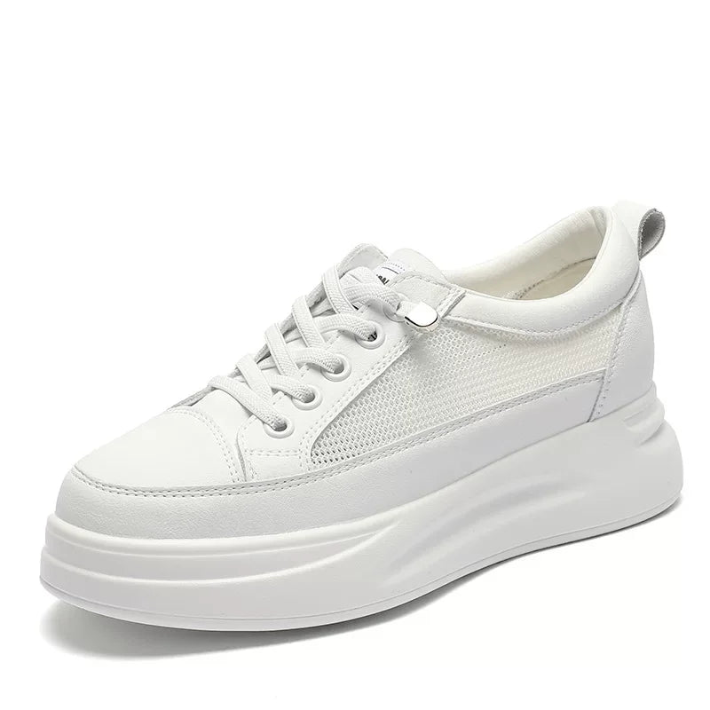 Fujin 4.5cm Genuine Leather Women Shoes Platform Flats Breathable Women Mesh Shoes White Sneakers Spring Autumn Summer Shoes