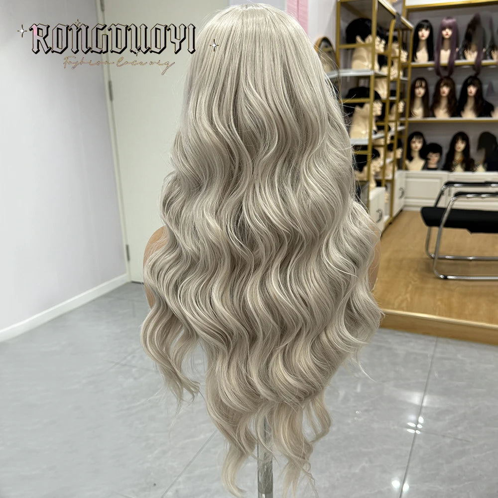 Light Grey Body Wave Wig Synthetic Hair Long Deep Wave Grey Wigs for Women Frontal Lace Wig Ready to Wear Cosplay Light Grey Wig